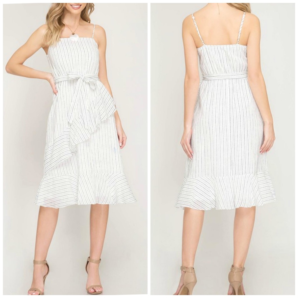 She & Sky Striped Ruffle Midi Dress Belted